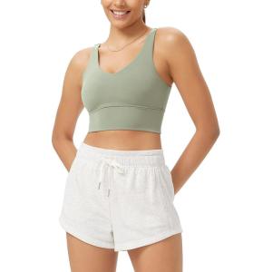 imageODODOS Cloud Feeling V Neck Padded Sports Bra for Women U Back Wirefree Yoga Bra Crop TopLime Stone
