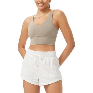 imageODODOS Cloud Feeling V Neck Padded Sports Bra for Women U Back Wirefree Yoga Bra Crop TopShaker Beige