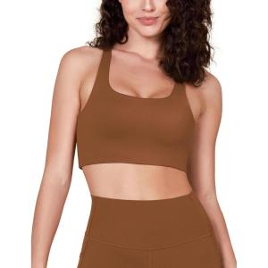 imageODODOS Racerback Sports Bra for Women Non Padded Double Layer Yoga Tank Workout Crop TopsCaramel