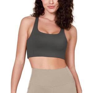 imageODODOS Racerback Sports Bra for Women Non Padded Double Layer Yoga Tank Workout Crop TopsCharcoal