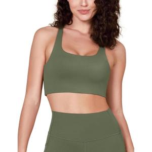 imageODODOS Racerback Sports Bra for Women Non Padded Double Layer Yoga Tank Workout Crop TopsDark Olive