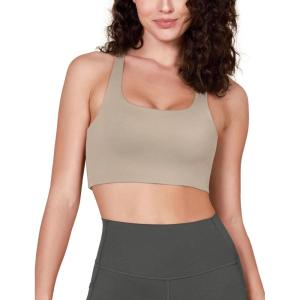 imageODODOS Racerback Sports Bra for Women Non Padded Double Layer Yoga Tank Workout Crop TopsTaupe