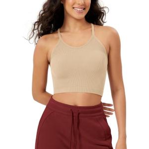 imageODODOS Womens Crop Seamless RibKnit Camisole Strappy Racerback Cropped Tank TopsBeige