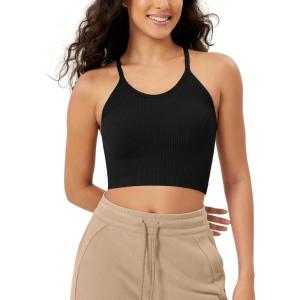 imageODODOS Womens Crop Seamless RibKnit Camisole Strappy Racerback Cropped Tank TopsBlack
