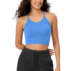 imageODODOS Womens Crop Seamless RibKnit Camisole Strappy Racerback Cropped Tank TopsBlue