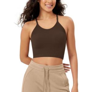 imageODODOS Womens Crop Seamless RibKnit Camisole Strappy Racerback Cropped Tank TopsBrunette