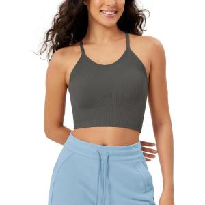 imageODODOS Womens Crop Seamless RibKnit Camisole Strappy Racerback Cropped Tank TopsCharcoal