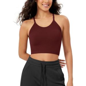 imageODODOS Womens Crop Seamless RibKnit Camisole Strappy Racerback Cropped Tank TopsClaret