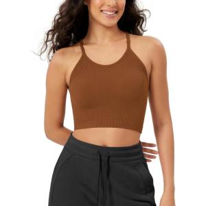 imageODODOS Womens Crop Seamless RibKnit Camisole Strappy Racerback Cropped Tank TopsClay