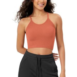 imageODODOS Womens Crop Seamless RibKnit Camisole Strappy Racerback Cropped Tank TopsCoral