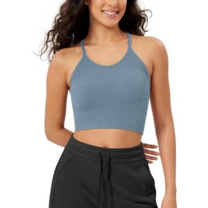 imageODODOS Womens Crop Seamless RibKnit Camisole Strappy Racerback Cropped Tank TopsDusty Blue