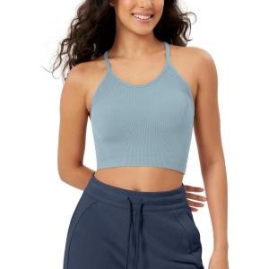 imageODODOS Womens Crop Seamless RibKnit Camisole Strappy Racerback Cropped Tank TopsIceberg