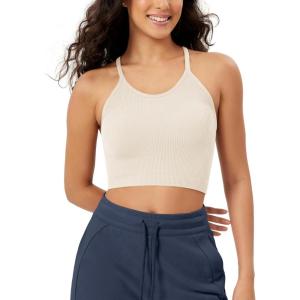 imageODODOS Womens Crop Seamless RibKnit Camisole Strappy Racerback Cropped Tank TopsIvory