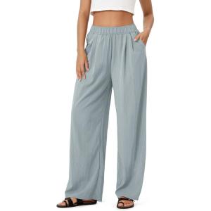 imageODODOS Womens Wide Leg Pants with Pockets Crinkle Comfy High Waist PullOn Lounge Casual PantsBlue Gray