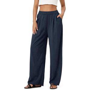 imageODODOS Womens Wide Leg Pants with Pockets Crinkle Comfy High Waist PullOn Lounge Casual PantsDark Blue