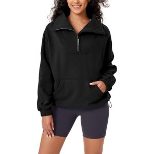 imageODODOS Cinchable Sweatshirts for Women Funnel Neck Half Zipper Hoodies Fleece Lined Oversized PulloverBlack