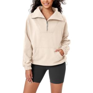imageODODOS Cinchable Sweatshirts for Women Funnel Neck Half Zipper Hoodies Fleece Lined Oversized PulloverCream