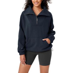 imageODODOS Cinchable Sweatshirts for Women Funnel Neck Half Zipper Hoodies Fleece Lined Oversized PulloverDeep Navy