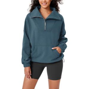 imageODODOS Cinchable Sweatshirts for Women Funnel Neck Half Zipper Hoodies Fleece Lined Oversized PulloverInk Blue
