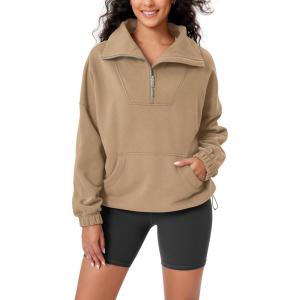 imageODODOS Cinchable Sweatshirts for Women Funnel Neck Half Zipper Hoodies Fleece Lined Oversized PulloverKhaki