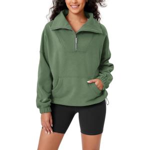 imageODODOS Cinchable Sweatshirts for Women Funnel Neck Half Zipper Hoodies Fleece Lined Oversized PulloverMedium Olive
