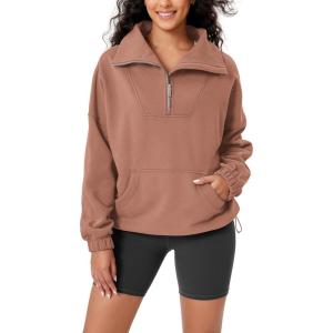imageODODOS Cinchable Sweatshirts for Women Funnel Neck Half Zipper Hoodies Fleece Lined Oversized PulloverMuted Clay