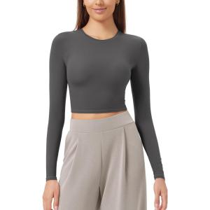 imageODODOS Lightweight Soft Long Sleeve Tee for Women Crew Neck Tops Slim Fit TShirtsCharcoal