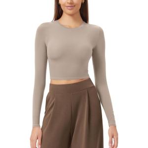 imageODODOS Lightweight Soft Long Sleeve Tee for Women Crew Neck Tops Slim Fit TShirtsLight Mocha