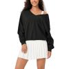 imageODODOS Womens Purevibe Cotton Double V Pullover Long Sleeve Shirts Fall Outfits Oversized TopsBlack