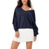 imageODODOS Womens Purevibe Cotton Double V Pullover Long Sleeve Shirts Fall Outfits Oversized TopsDark Blue