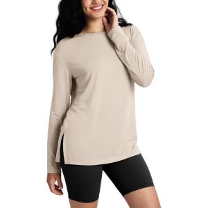 imageODODOS Womens PeachSoft Boat Neck Long Sleeve Shirts Side Slit Relaxed Fit Casual Yoga TopsBeige