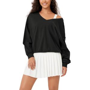 imageODODOS Womens Purevibe Cotton Double V Pullover Long Sleeve Shirts Fall Outfits Oversized TopsBlack
