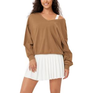 imageODODOS Womens Purevibe Cotton Double V Pullover Long Sleeve Shirts Fall Outfits Oversized TopsBrown