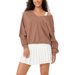 imageODODOS Womens Purevibe Cotton Double V Pullover Long Sleeve Shirts Fall Outfits Oversized TopsLight Brown