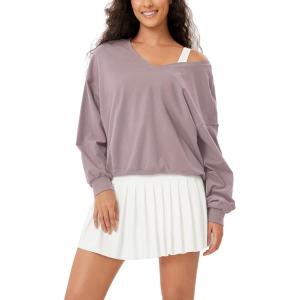 imageODODOS Womens Purevibe Cotton Double V Pullover Long Sleeve Shirts Fall Outfits Oversized TopsPurple Taupe