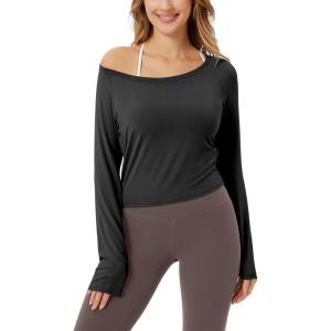 imageODODOS Womens PeachSoft All Day Long Sleeve Cropped TShirts Wide Scoop Neck Tee Casual TopsBlack