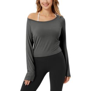 imageODODOS Womens PeachSoft All Day Long Sleeve Cropped TShirts Wide Scoop Neck Tee Casual TopsCharcoal