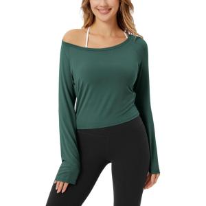 imageODODOS Womens PeachSoft All Day Long Sleeve Cropped TShirts Wide Scoop Neck Tee Casual TopsDark Green