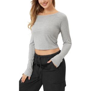 imageODODOS Womens PeachSoft All Day Long Sleeve Cropped TShirts Wide Scoop Neck Tee Casual TopsHeather Grey