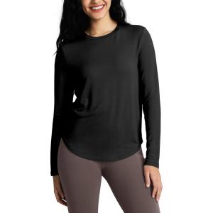 imageODODOS Womens Cozy French Terry Long Sleeve Shirt Crew Neck Curved Hem Soft ampamp Breathable Casual PulloverBlack