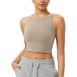 imageODODOS Double Layer High Neck Crop Tank for Women Cloud Feeling Sleeveless Casual Yoga Cropped TopsShaker Beige