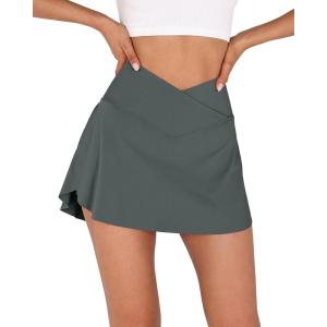 imageODODOS Womens Tennis Skirts with Pockets Crossover High Waist Builtin Shorts Athletic Golf SkortsCharcoal