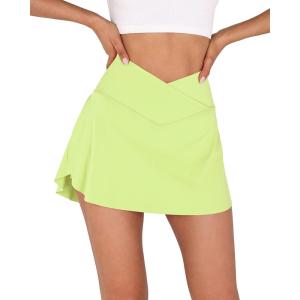 imageODODOS Womens Tennis Skirts with Pockets Crossover High Waist Builtin Shorts Athletic Golf SkortsLime Green