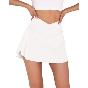imageODODOS Womens Tennis Skirts with Pockets Crossover High Waist Builtin Shorts Athletic Golf SkortsWhite