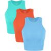 imageODODOS 3Pack Seamless Crop Tank for Women Ribbed Soft High Neck Cropped TopsAquaorangecyan Blue