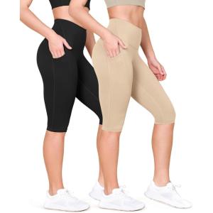 imageODODOS 2Pack High Waist Workout Capris with Pockets for Women 14quot  19quot Yoga Capri LeggingsBlackbeige