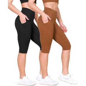 imageODODOS 2Pack High Waist Workout Capris with Pockets for Women 14quot  19quot Yoga Capri LeggingsBlackcaramel