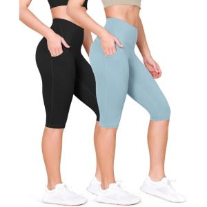 imageODODOS 2Pack High Waist Workout Capris with Pockets for Women 14quot  19quot Yoga Capri LeggingsBlackchambray