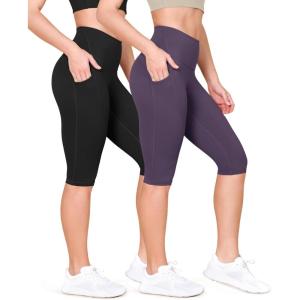 imageODODOS 2Pack High Waist Workout Capris with Pockets for Women 14quot  19quot Yoga Capri LeggingsBlackdark Purple