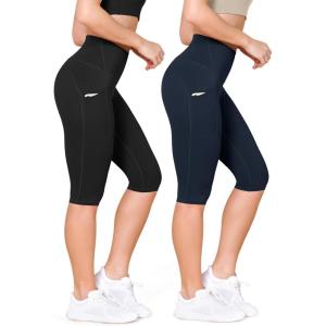 imageODODOS 2Pack High Waist Workout Capris with Pockets for Women 14quot  19quot Yoga Capri LeggingsBlackdeep Navy